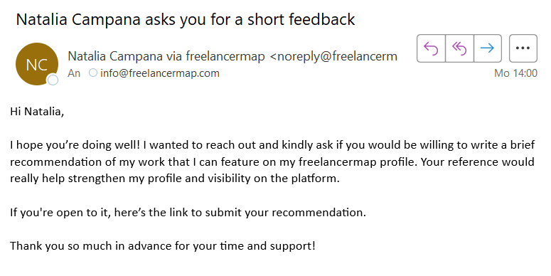 Example testimonial request from a freelancer
