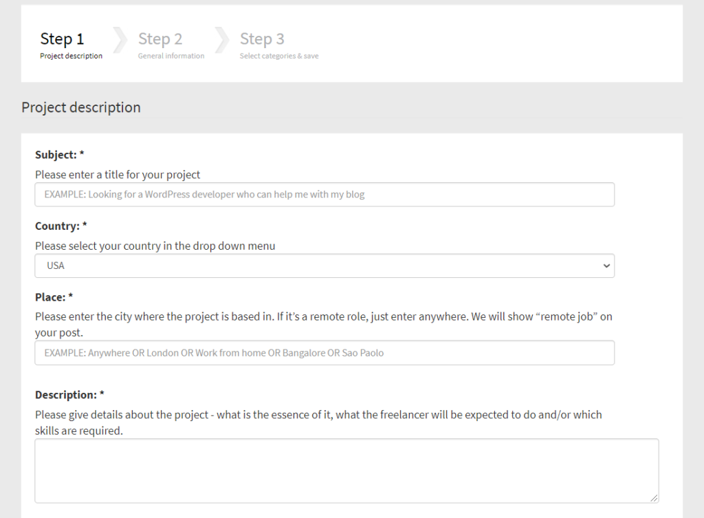 Step 1 posting a job ad - Create the project description