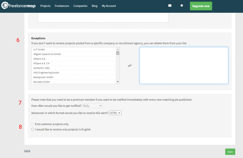 Configuração da automação de clientes no Freelancer Map