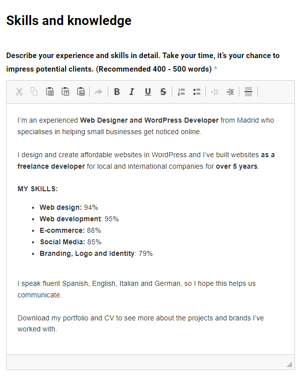 Ejemplo de cómo listar habilidades y competencias en un perfil freelance
