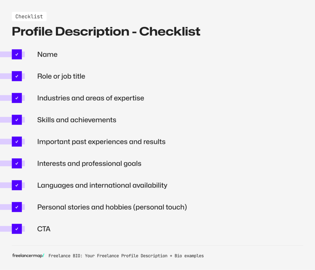 Checklist about what a strong Freelance Bio should conclude