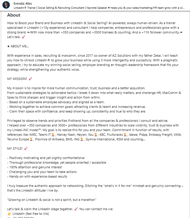 Example freelancer profile about section LinkedIn