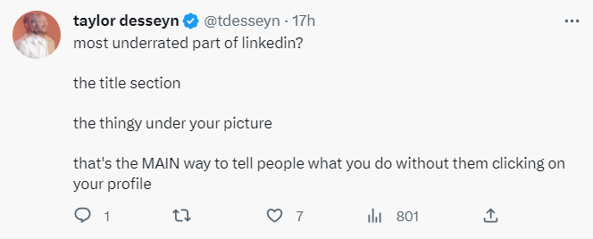 Tweet from Taylor Desseyn about LinkedIn title section