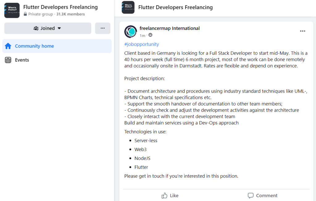 Example of project posting in a Facebook group