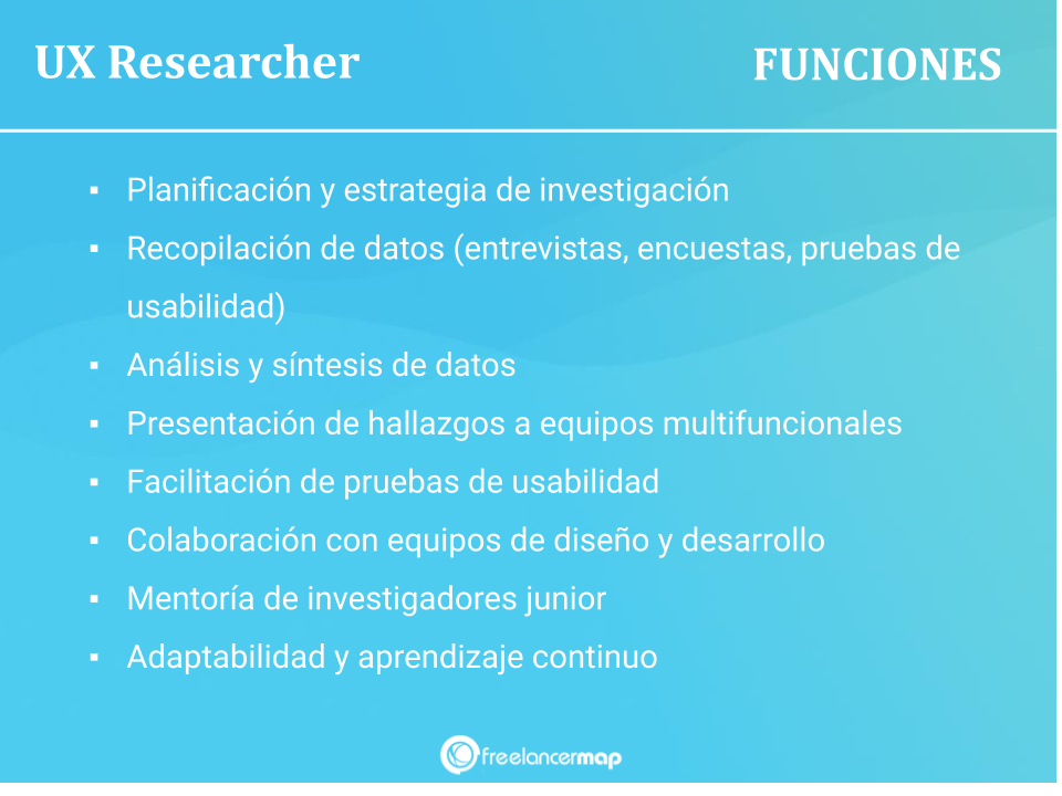 Lamina donde se resumen en bullet points las funciones o tareas de un UX researcher o investigador de experiencias de usuario