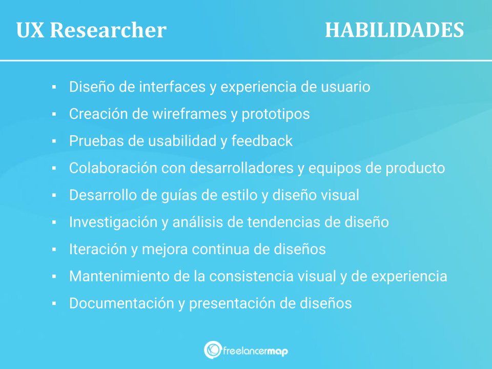 Lamina donde se resume en bullet points las habilidades de un ux researcher o investigador de experiencias de usuario