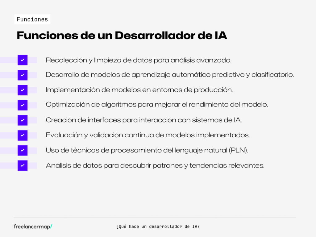 lista de bullet con 8 funciones clave de un desarrollador de IA