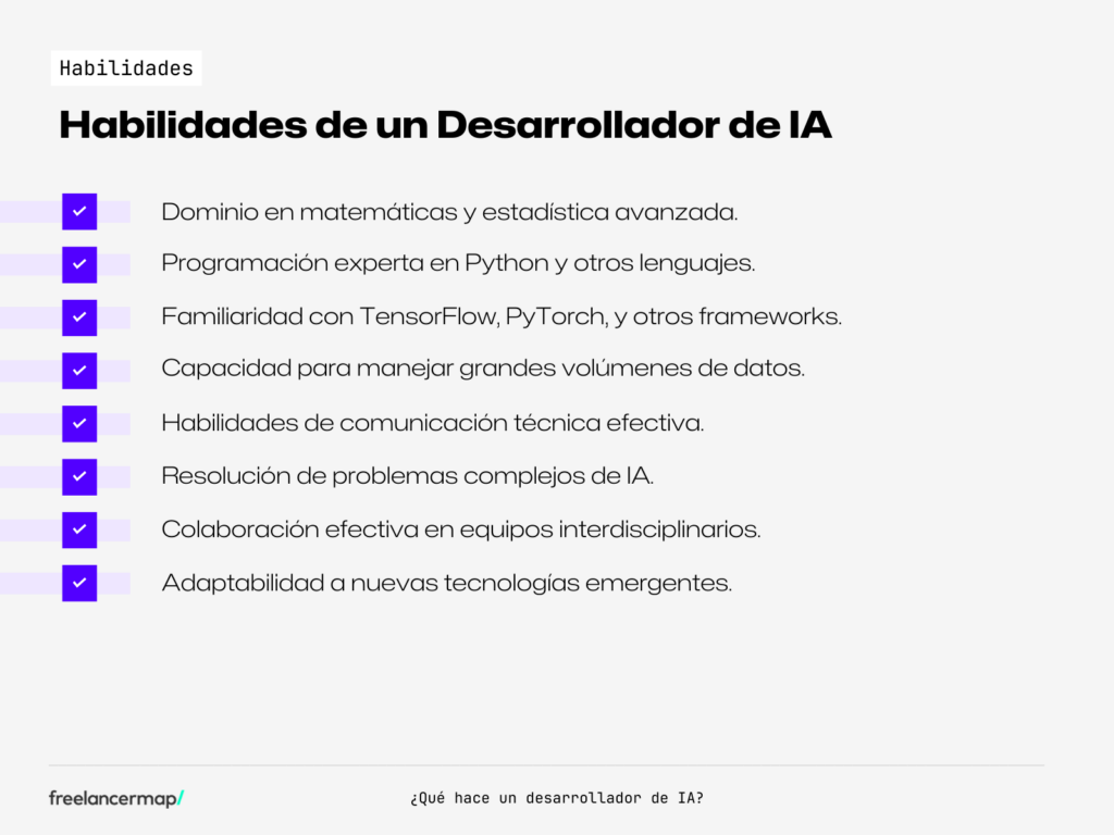 Lista bullet con 8 habilidades clave de un desarrollador de IA