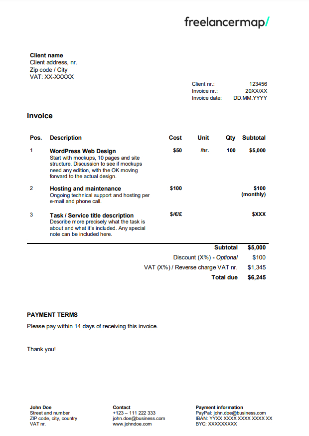 Free freelance invoice template