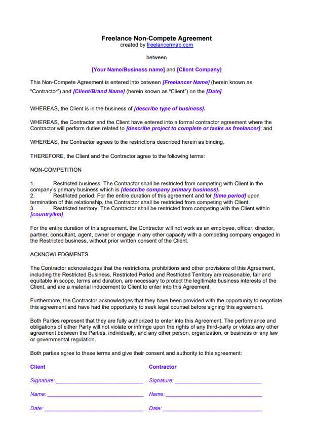 Non-compete agreement - Template for freelancers