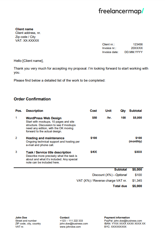 Order confirmation template for freelancers