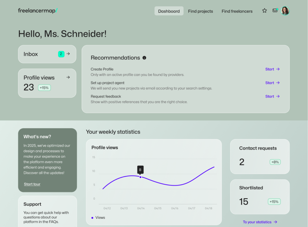 Screenshot of the dashboard on freelancermap