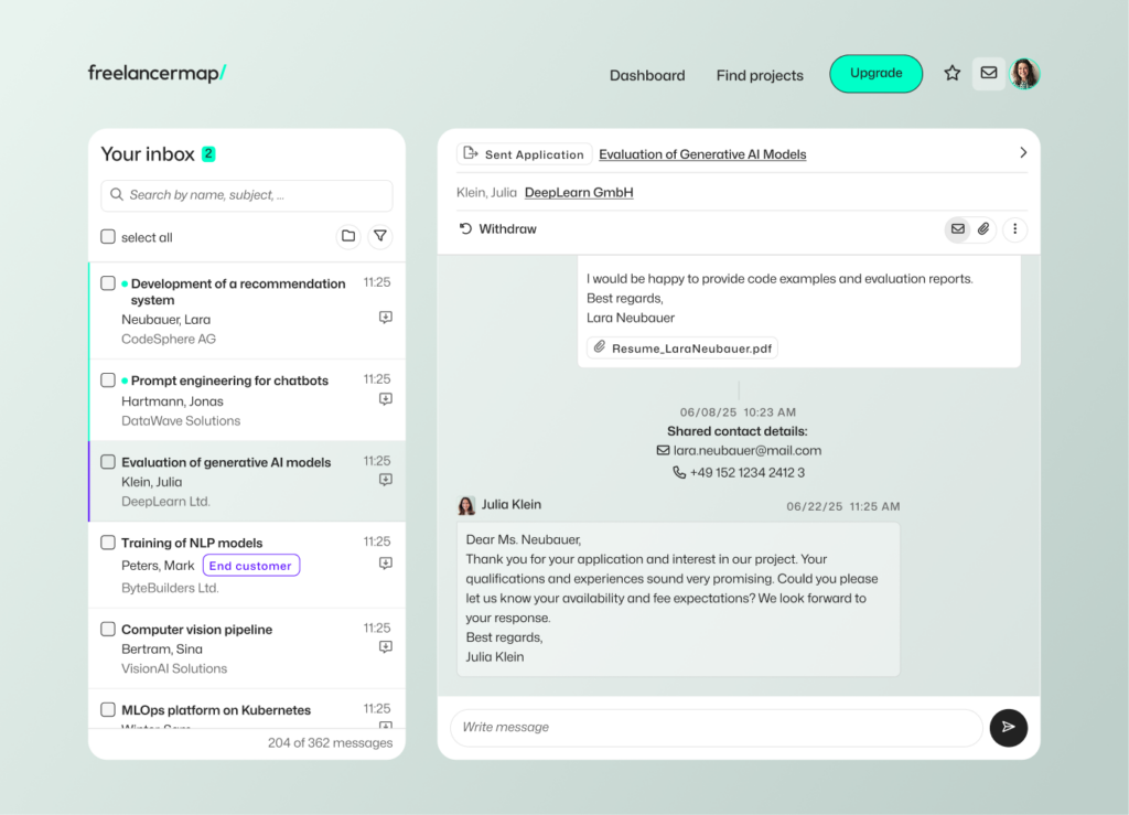 Screenshot of the inbox on freelancermap