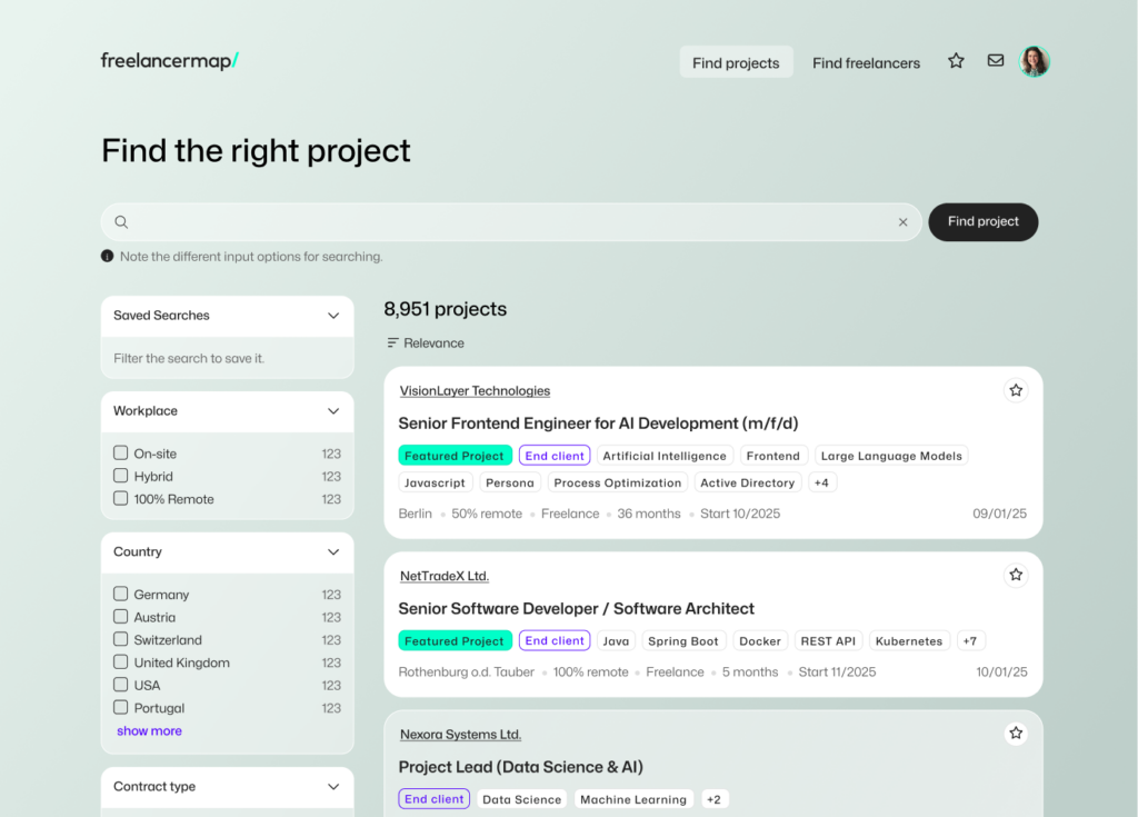Screenshot of the project search on freelancermap