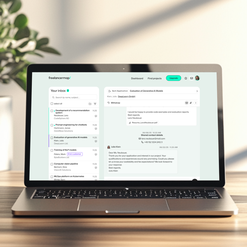 Open laptop showing the new inbox on freelancermap